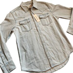 Tecovas Shirt Denim Pearl Snap Mens Medium Western Cowboy Light Wash NEW